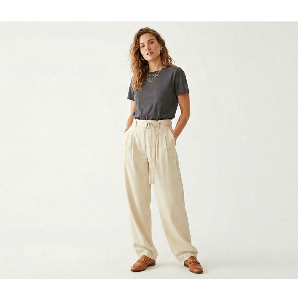 ZARA Cream Beige Belted Wide Leg Pleated Pants M 29 High Rise Tailored Trouser